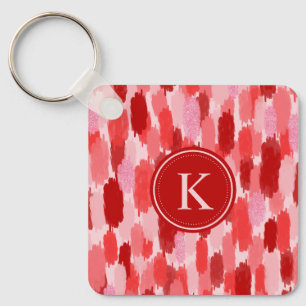 Red Pink Abstract Brushstrokes Pattern Monogram Keychain