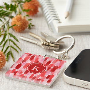 Red Pink Abstract Brushstrokes Pattern Monogram  Keychain