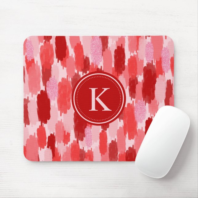Red Pink Abstract Brushstrokes Pattern Monogram  Mouse Pad (With Mouse)
