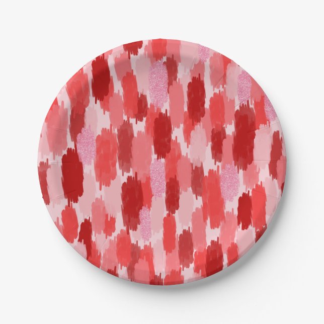Red Pink Abstract Brushstrokes Pattern Paper Plate (Front)
