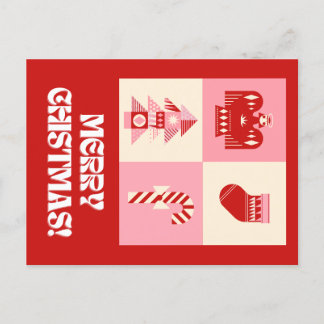 Red Pink and Beige Retro Geometric Greeting Merry  Holiday Postcard