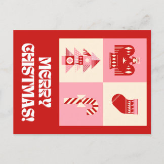 Red Pink and Beige Retro Geometric Greeting Merry  Holiday Postcard