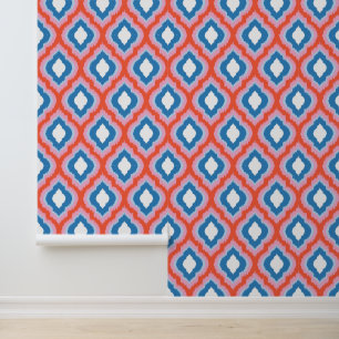 Red Pink and Blue Colourful Ogee Ikat Pattern Wallpaper
