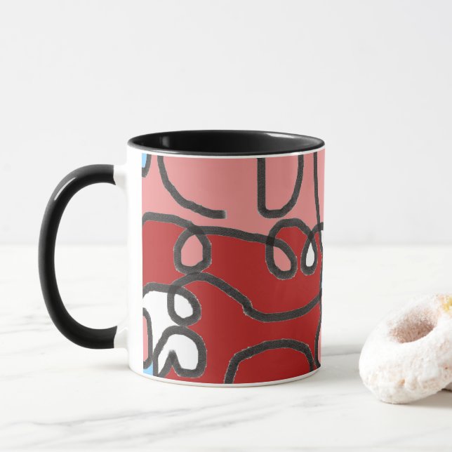 Red, Pink, and Blue Floral Abstract Mug (With Donut)