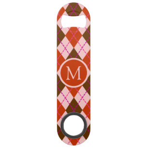 Red Pink and Brown Argyle Pattern Monogram Bar Key