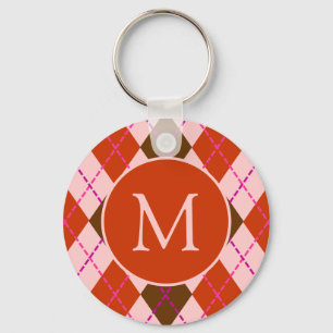 Red Pink and Brown Argyle Pattern Monogram Keychain