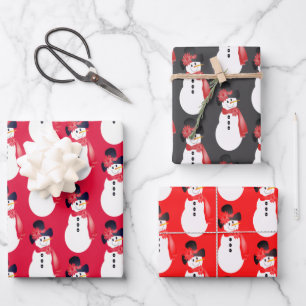 Red Pink and Grey Snowman Wrapping Paper Sheet