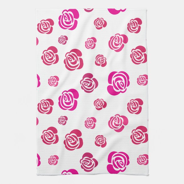 Red Pink and Magenta Roses in a Flowery Pattern Kitchen Towel (Vertical)