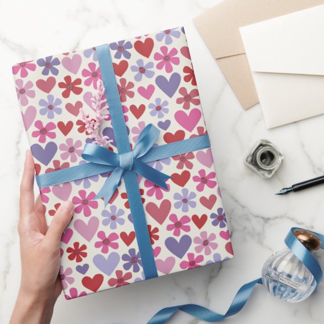 Red Pink and Purple Hearts and Flowers Pattern Wrapping Paper (Gifting)
