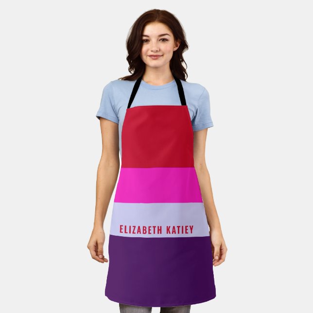 Red, Pink and Purple Stripes Pattern Personalised Apron (Worn)