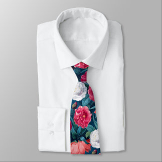 Red, Pink and White Peony and Lily Flowers Tie