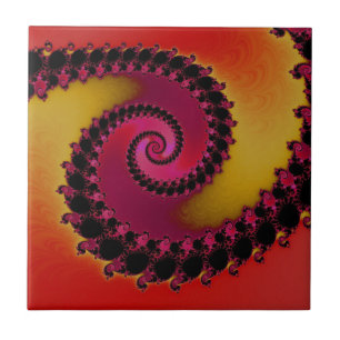 Red Pink and Yellow Sunrise Spiral Fractal  Tile