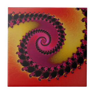 Red Pink and Yellow Sunrise Spiral Fractal  Tile