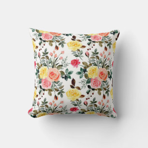 Red Pink and yellow watercolor rose Throw Pillow