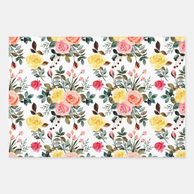 Red Pink and yellow watercolor rose Wrapping Paper Sheet (Front)