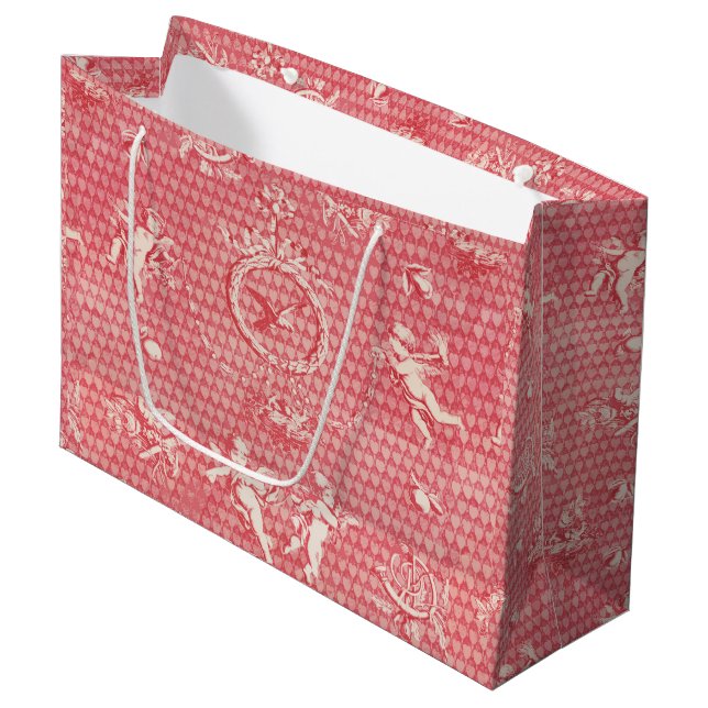 Red Pink Antique Cupid Angels and Hearts Large Gift Bag (Front Angled)