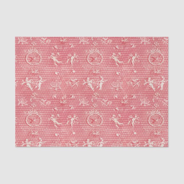 Red Pink Antique Cupid Angels and Hearts Tissue Paper (Front)