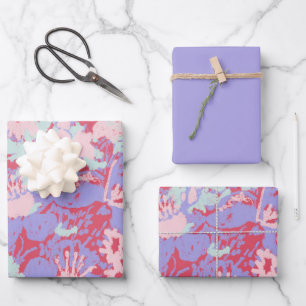 Red Pink Aqua Painted Flowers Solid Violet Design Wrapping Paper Sheet