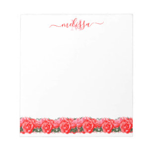 Red Pink Bed Of Roses Monogram Notepad