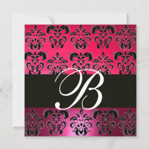 RED PINK BLACK DAMASK MONOGRAM fuchsia white Invitation