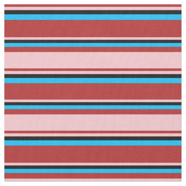 Red, Pink, Black & Deep Sky Blue Stripes Fabric (Close Up)