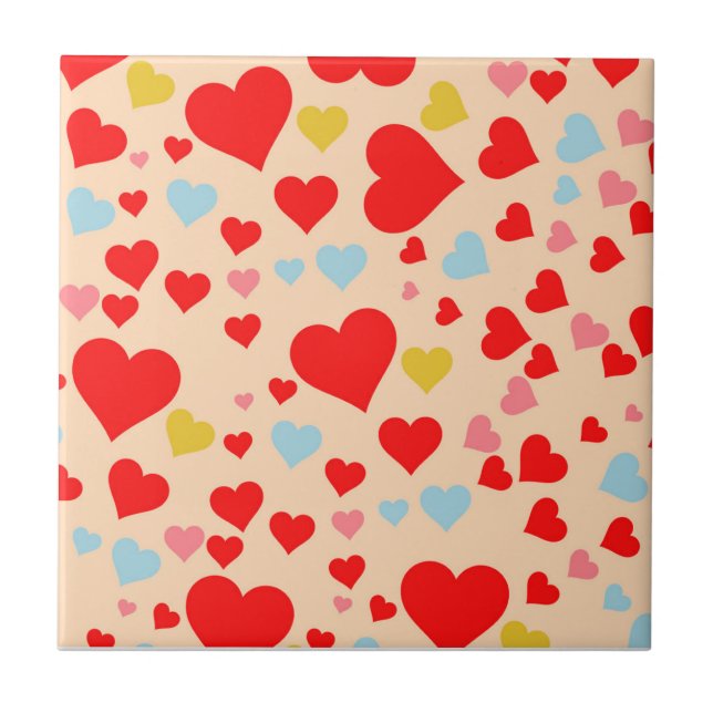 Red Pink Blue Colourful Cute Heart Y2K Pattern Tile (Front)