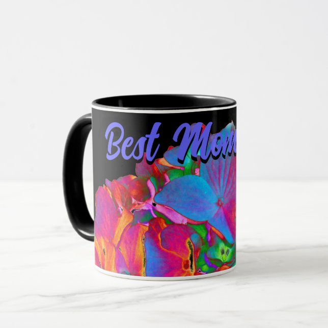 Red pink blue purple floral colourful floral mug (Front Left)
