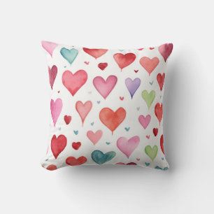 Red Pink Blue Watercolor Modern Heart Pattern Throw Pillow