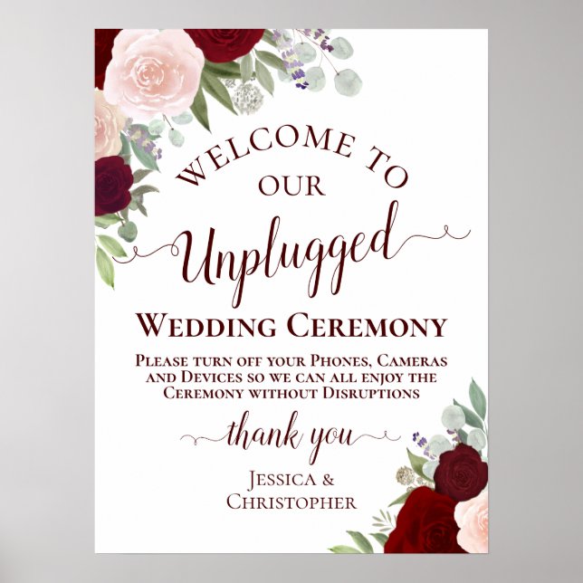 Red & Pink Boho Floral Unplugged Wedding Ceremony Poster (Front)