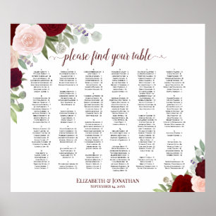 Red & Pink Boho Roses Alphabetical Seating Chart