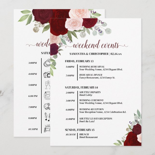 Red & Pink Boho Roses Wedding Events & Timeline Program (Front/Back)
