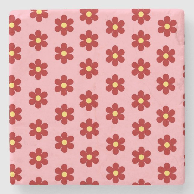 Red Pink Bold Y2K Wildflower Vibrant Spring Decor Stone Coaster (Front)