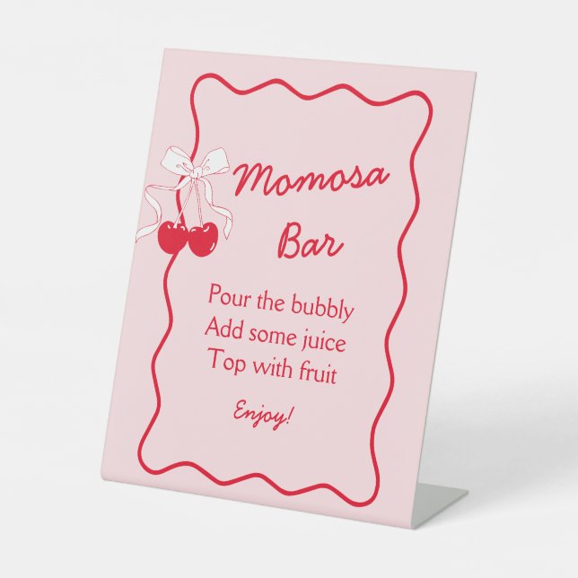 Red Pink Bow Cherry Baby Shower Momosa Bar Pedestal Sign (Front)