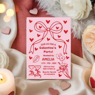 Red Pink bow Galentine’s Party, Night Valentine Invitation