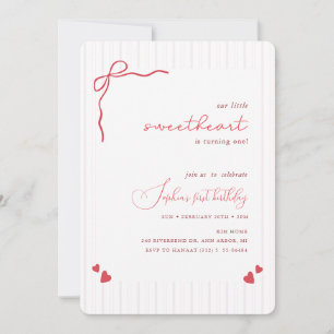 Red Pink Bow Ribbon Little Sweetheart 1st Birthday Invitation