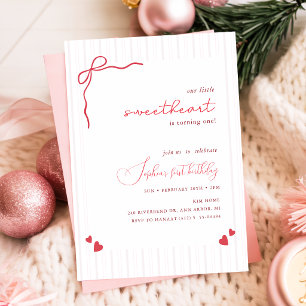 Red Pink Bow Ribbon Little Sweetheart 1st Birthday Invitation