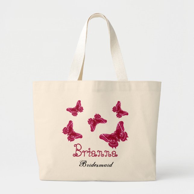 Red Pink Butterfly Personalized Name Bridesmaid Large Tote Bag (Front)