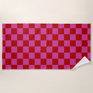 Red + Pink Check Chequered Chequerboard Pattern Beach Towel
