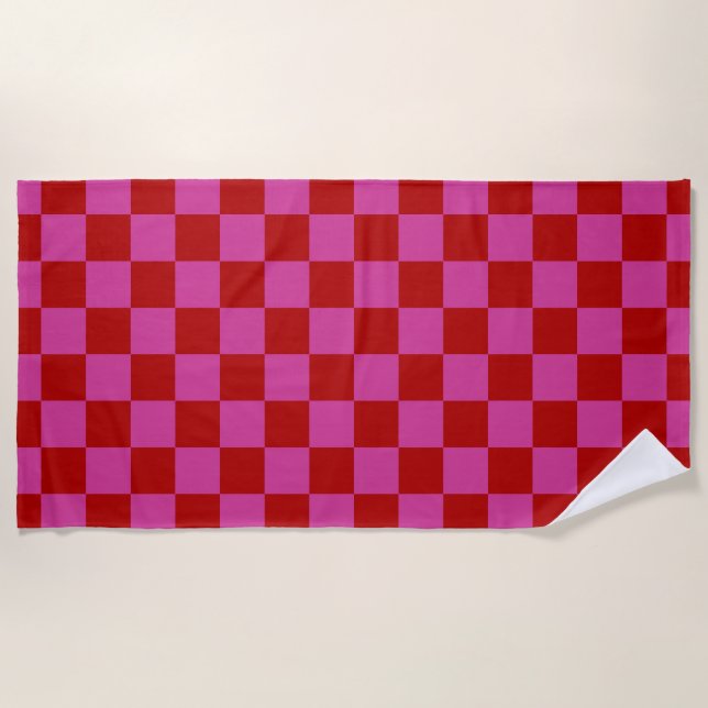 Red + Pink Check Chequered Chequerboard Pattern Beach Towel (Front)