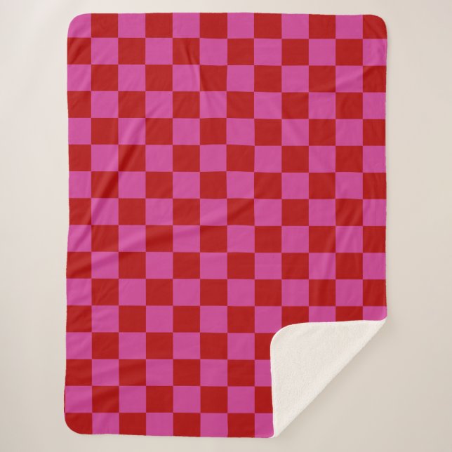 Red + Pink Check Chequered Chequerboard Pattern Sherpa Blanket (Front)
