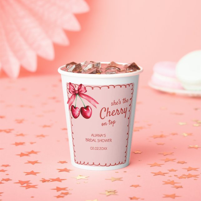 Red & Pink Cherry On Top Cherry Bridal Shower Paper Cups (Insitu)