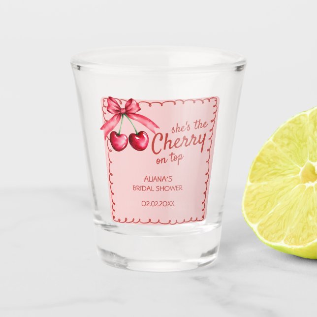 Red & Pink Cherry On Top Cherry Bridal Shower Shot Glass (Front)