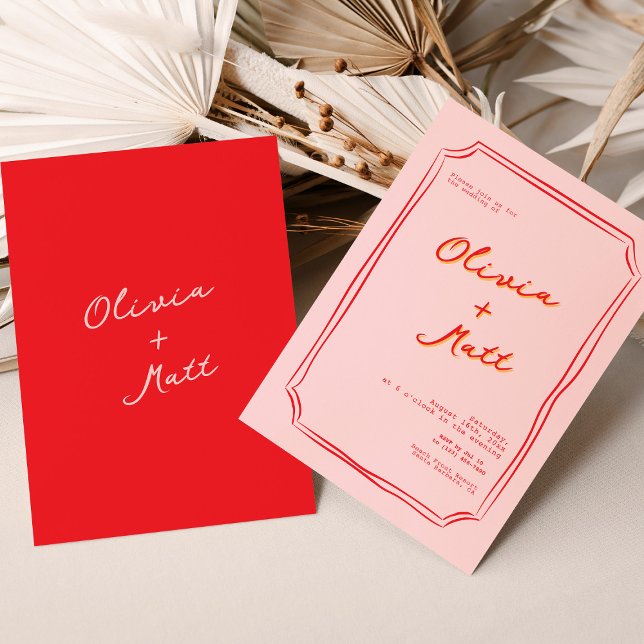 Red + Pink Colorful Wedding Invite (red pink wedding, colorful wedding invitation, modern wedding invite, bold wedding invite, vibrant w)