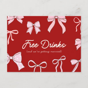 Red Pink Coquette Bow Free Drinks Save the Date Announcement Postcard