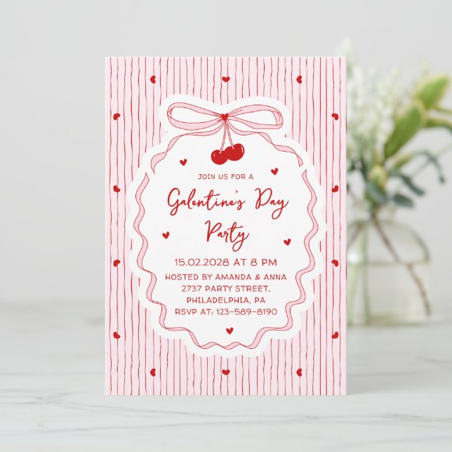 Red Pink Coquette Cherry Bow Galentine's Day Party Invitation (Standing Front)