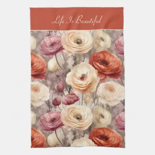 Red Pink Cream Ranunculus Flowers Kitchen Towel