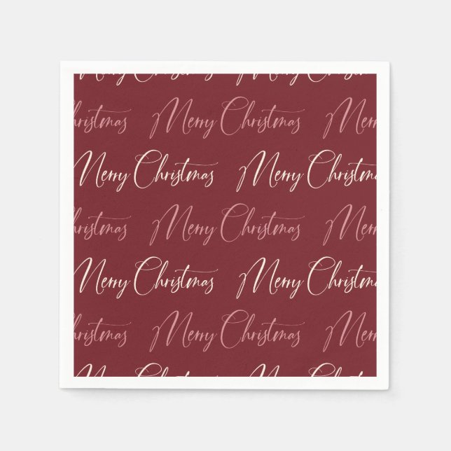 Red Pink Cream Script Pattern Merry Christmas  Napkin (Front)