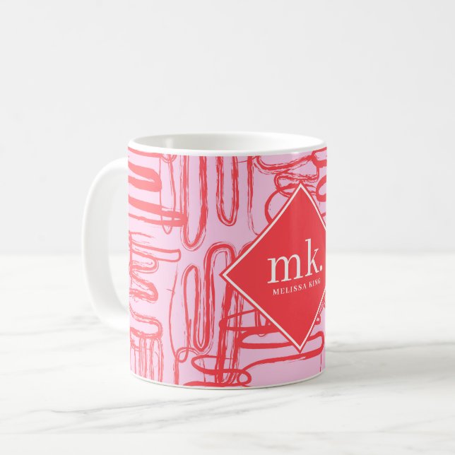 Red Pink Curve Wavy Squiggle Abstract Monogrammed Coffee Mug (Front Left)