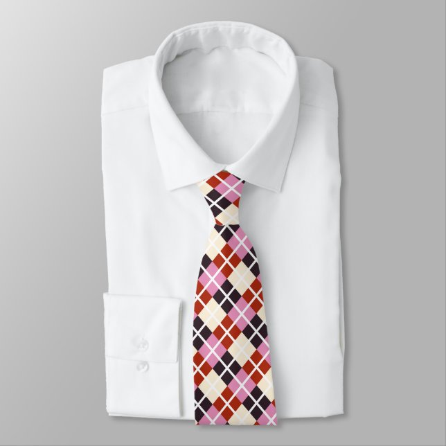 Red Pink Eggplant Ivory Argyle Pattern Tie (Tied)