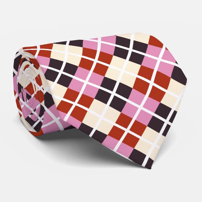 Red Pink Eggplant Ivory Pattern Tie (Rolled)